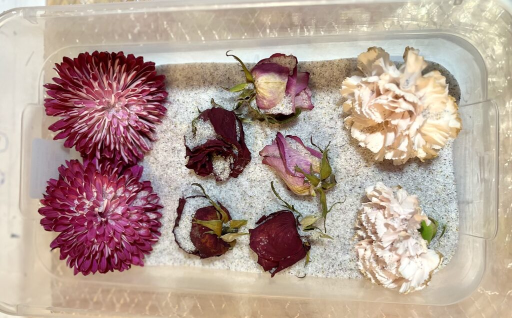 Dried pink, red, and white flowers in a tub of silica sand.
